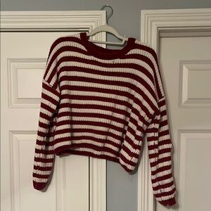 Red and White Crew Neck Striped Sweater